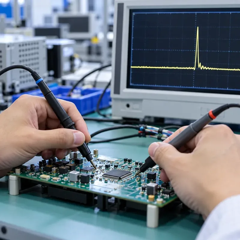 Engineer testing a circuit board with an oscilloscope (sample image)